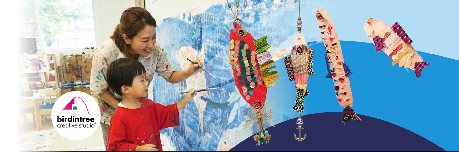 《魚兒雙雙游》親子海洋畫大畫 ╳ 布魚掛飾創作 《Two We Go》Parent-child ocean theme big painting ╳ fabric arts